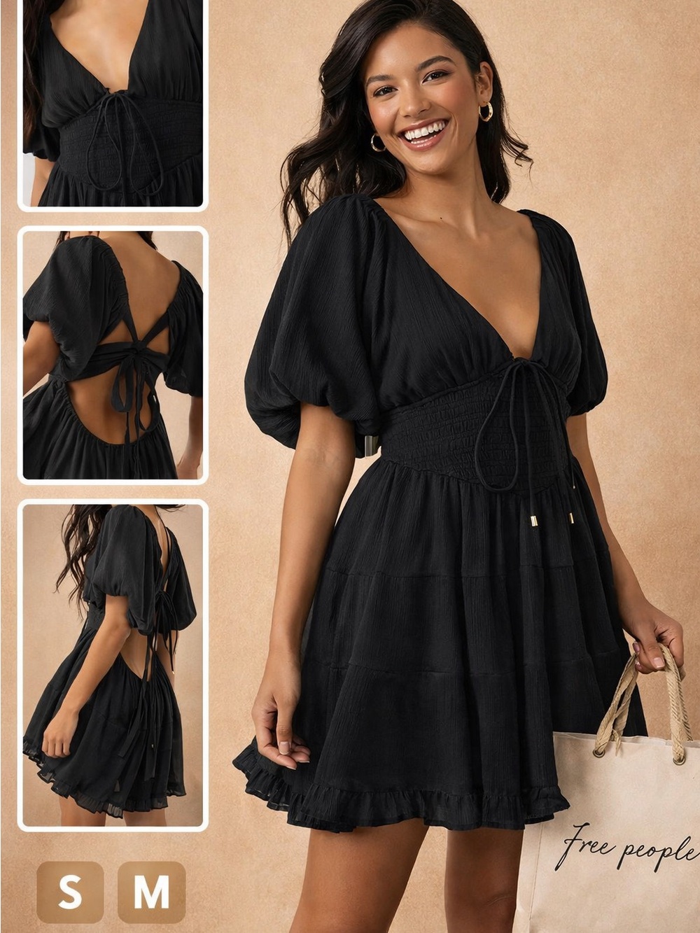 Free People Black Puff-Sleeve Tie-Back Mini Dress